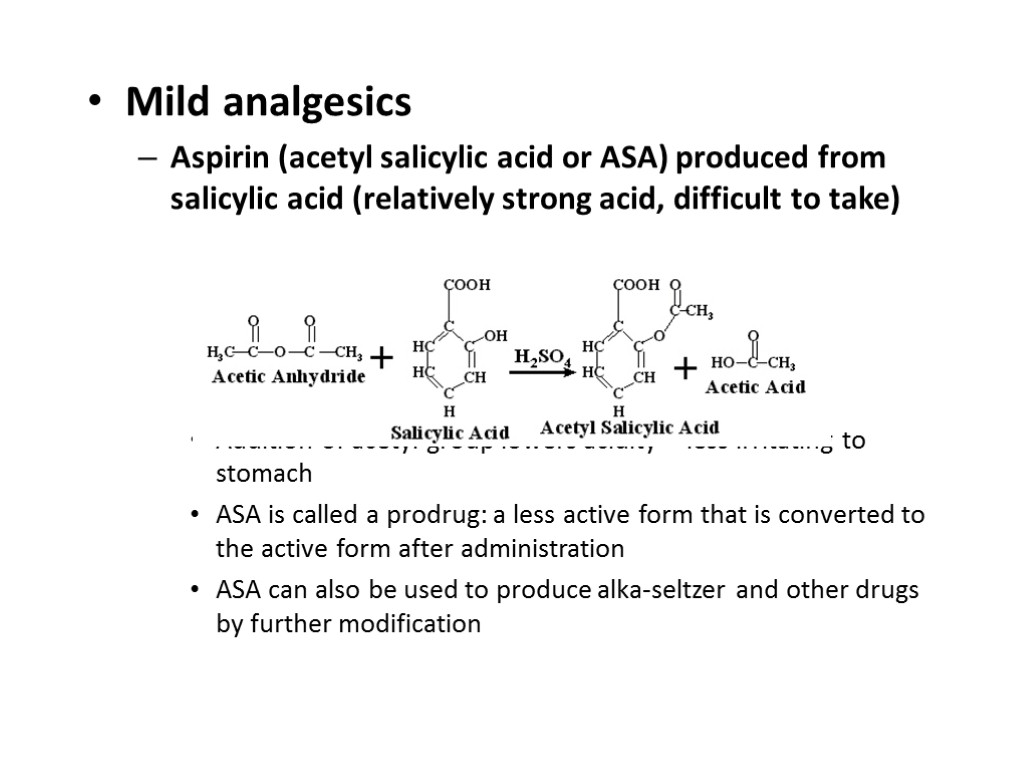 Mild analgesics Aspirin (acetyl salicylic acid or ASA) produced from salicylic acid (relatively strong